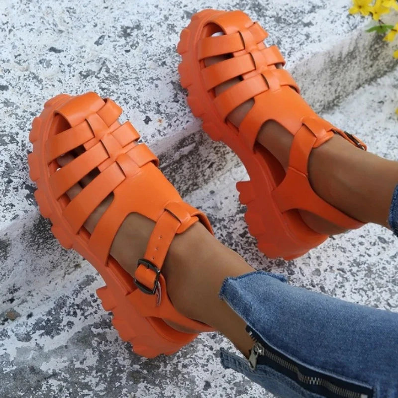 Sandalias de plataforma con jaula para mujer con correa gruesa y hebilla