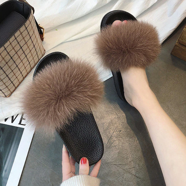 Pantofole da donna in pelliccia sintetica soffice, sandali aperti con punta aperta, morbidi e confortevoli