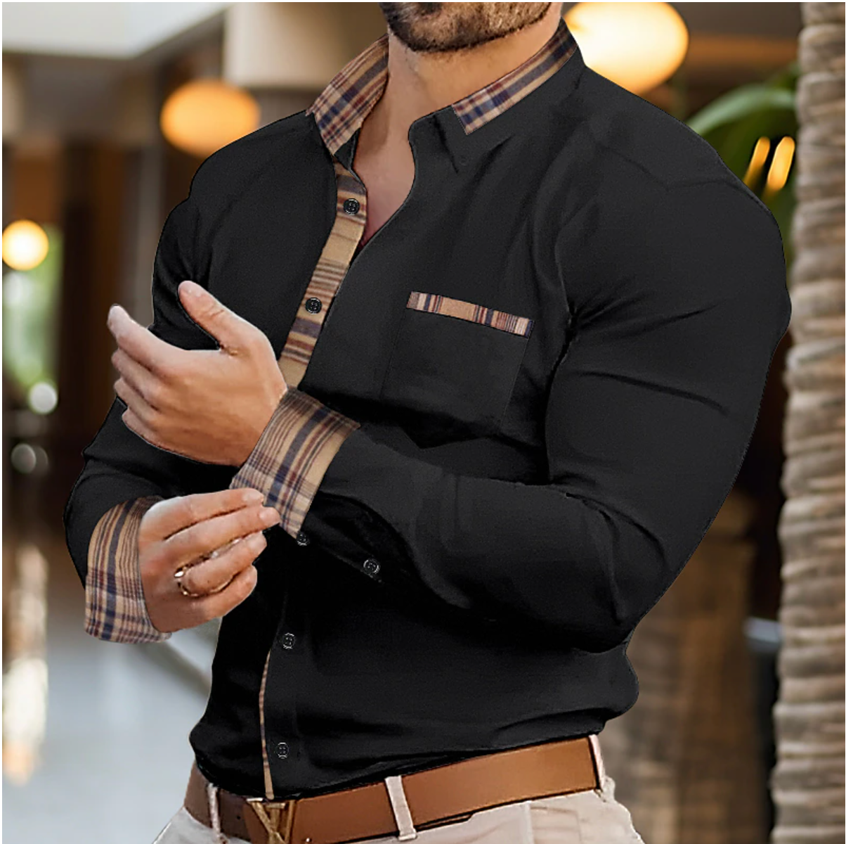 Men’s Slim Fit Long Sleeve Contrast Trim Casual Shirt