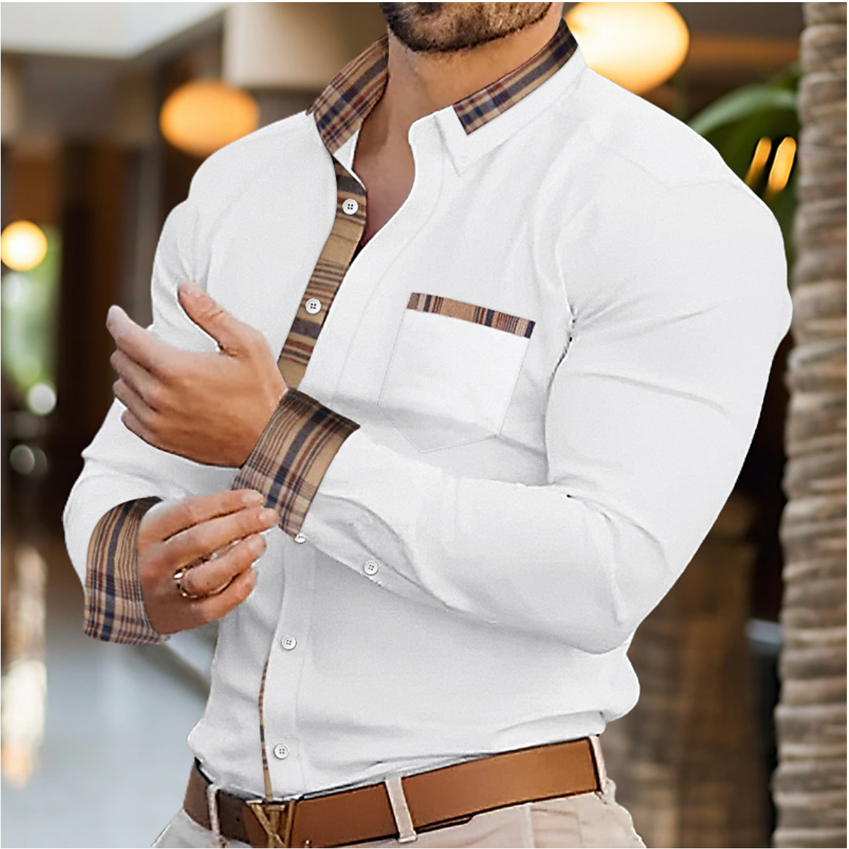 Men’s Slim Fit Long Sleeve Contrast Trim Casual Shirt