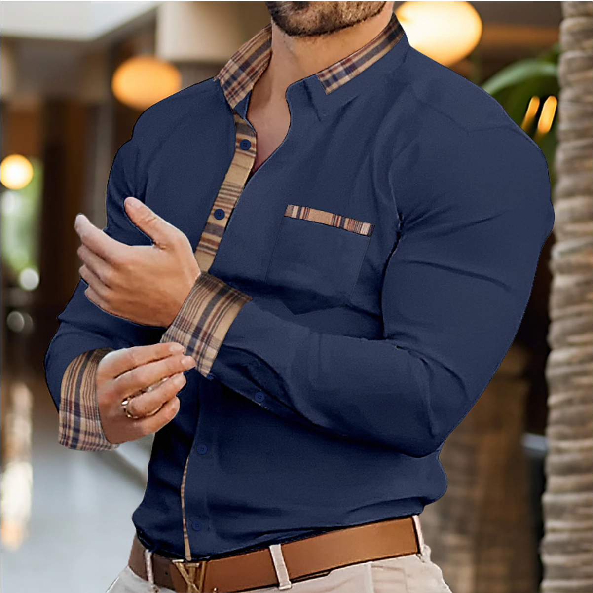 Men’s Slim Fit Long Sleeve Contrast Trim Casual Shirt