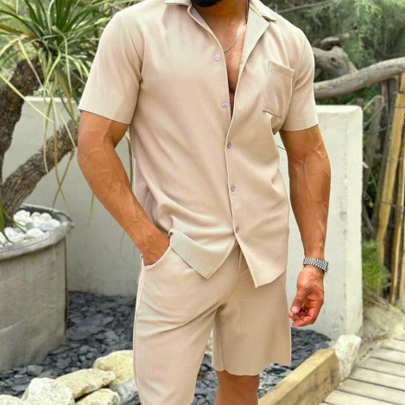 Men’s Textured Summer Co Ord Set Short Sleeve Button Shirt and Tailored Shorts Lightweight Beige Outfit