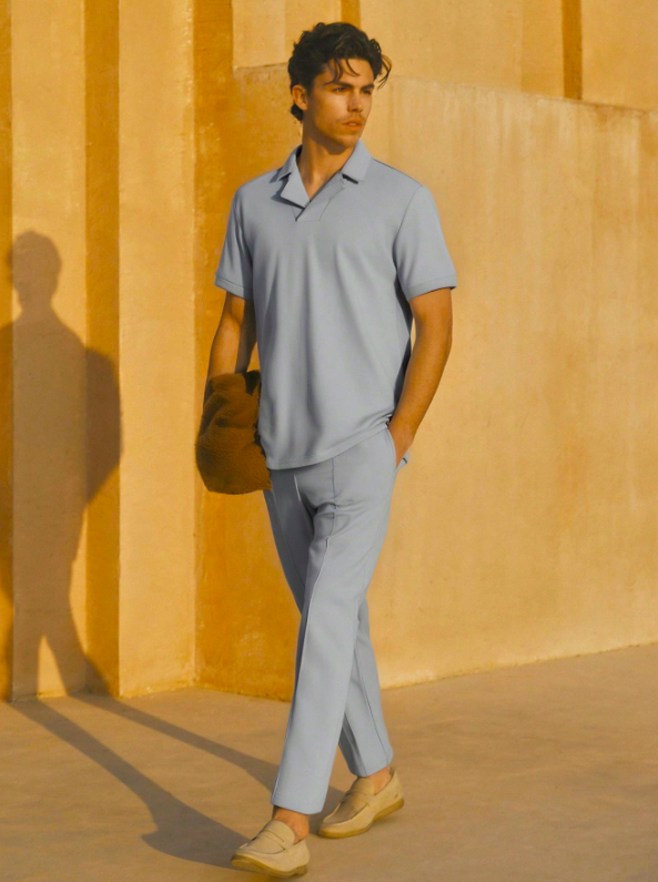 Conjunto minimalista de verano para hombre: camisa polo de manga corta y pantalones ajustados, conjunto ligero