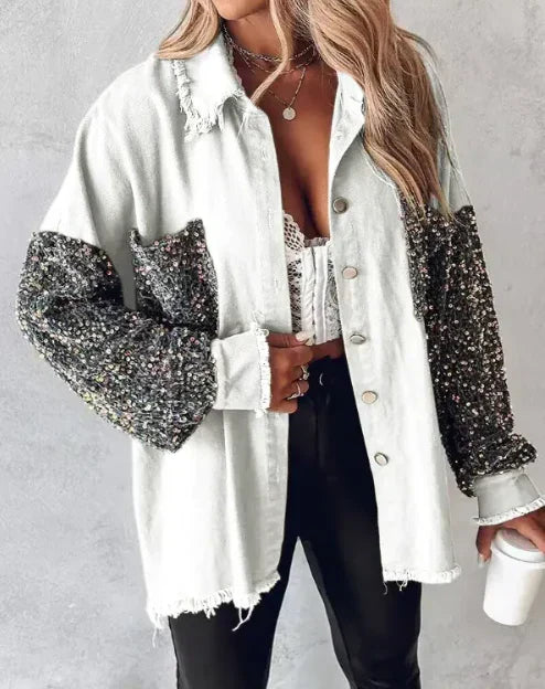Damesjasje met pailletten en onafgewerkte randen - relaxed model met knoopsluiting voor casual en avondoutfits