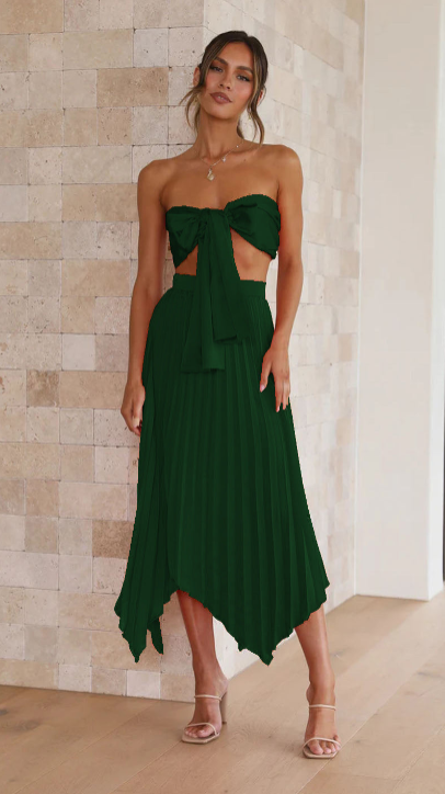 Conjunto elegante de dos piezas para mujer con falda midi plisada para vacaciones
