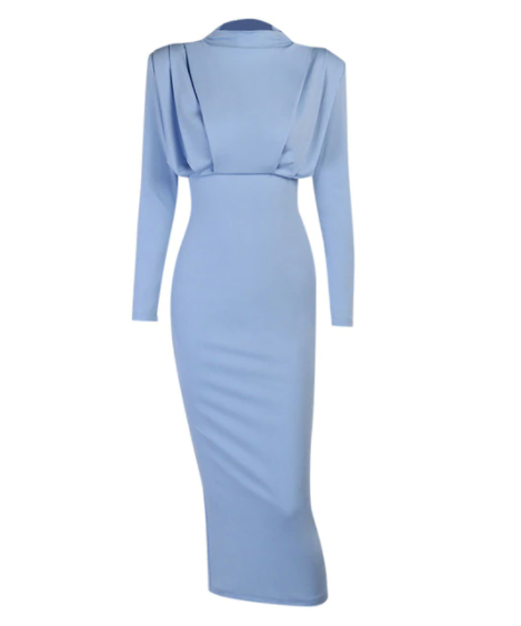 Dame langærmet midikjole med høj hals, tætsiddende talje, elegant bodycon-stil
