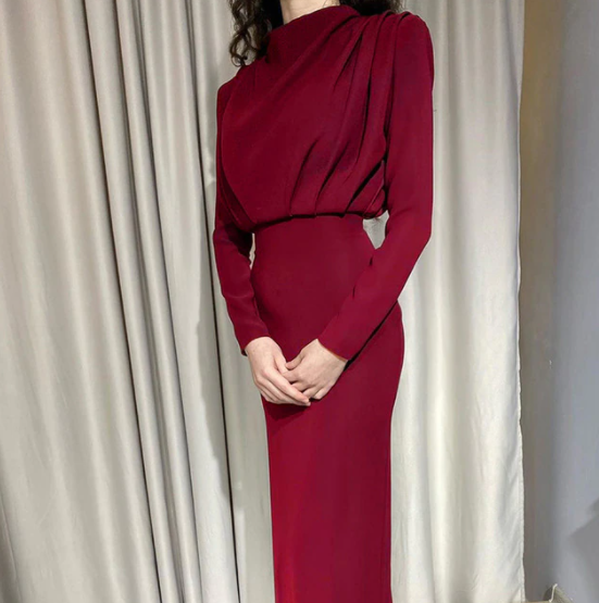 Women’s Long Sleeve Midi Dress High Neck Fitted Waist Elegant Bodycon Style