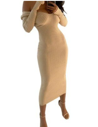 Women’s Ribbed Knit Midi Dress Off Shoulder Bodycon Fit Style