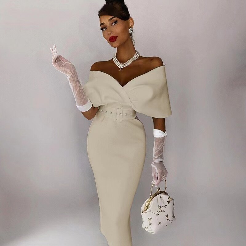 Women’s Bodycon Dress Off Shoulder Structured Belted Midi Elegance