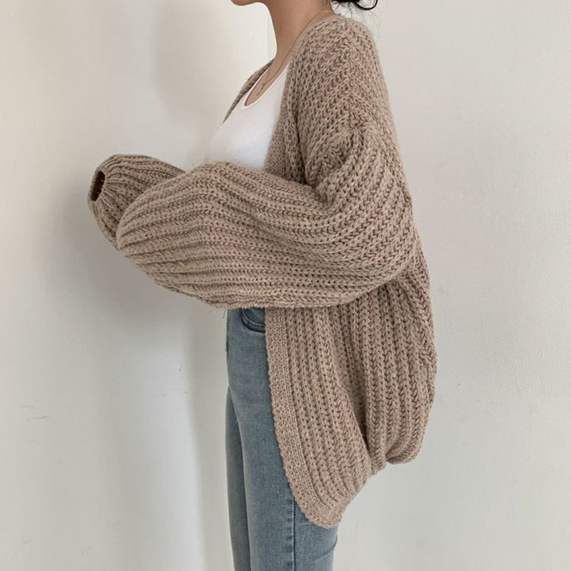 Cardigan gros tricotat pentru femei, mâneci bufante, croială lejeră, stratificabil