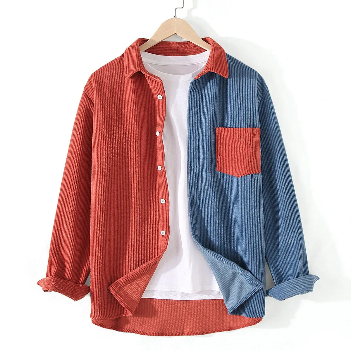 Camisa holgada de pana para hombre con bolsillo en el pecho – Prenda informal de manga larga para el otoño