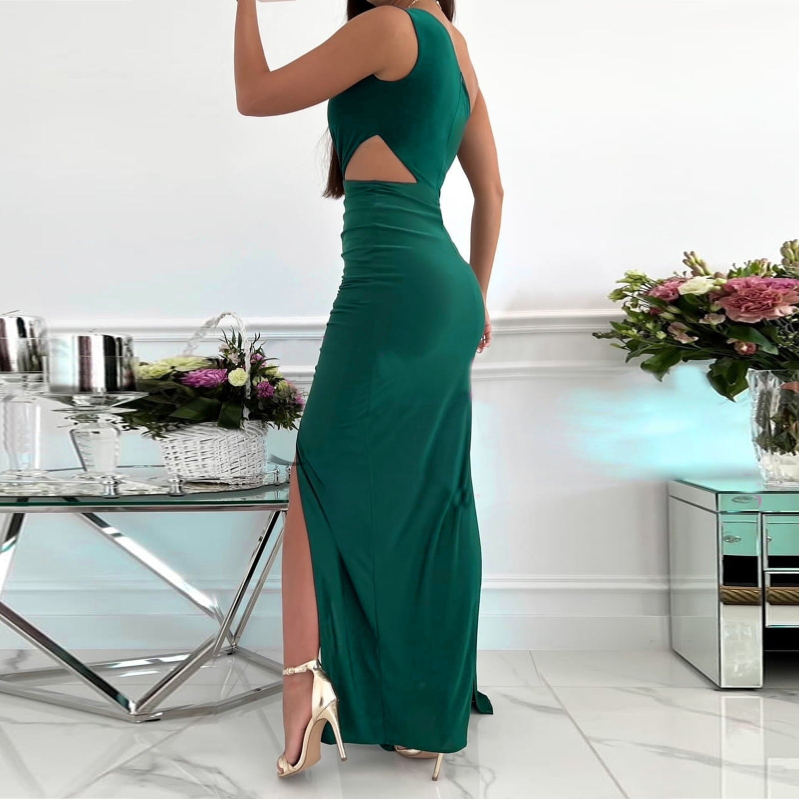 Women’s One Shoulder Maxi Dress Draped Waist Split Evening Gown