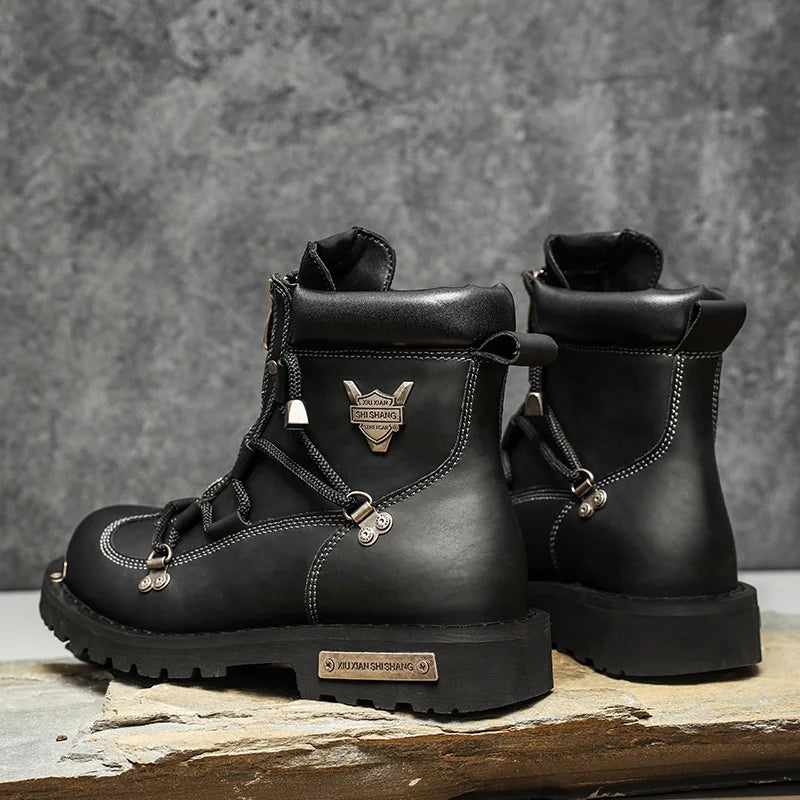 Men’s Waterproof Plush-Lined Snow Boots – Front-Zip Lace-Up Ankle Boots with Anti-Slip Sole