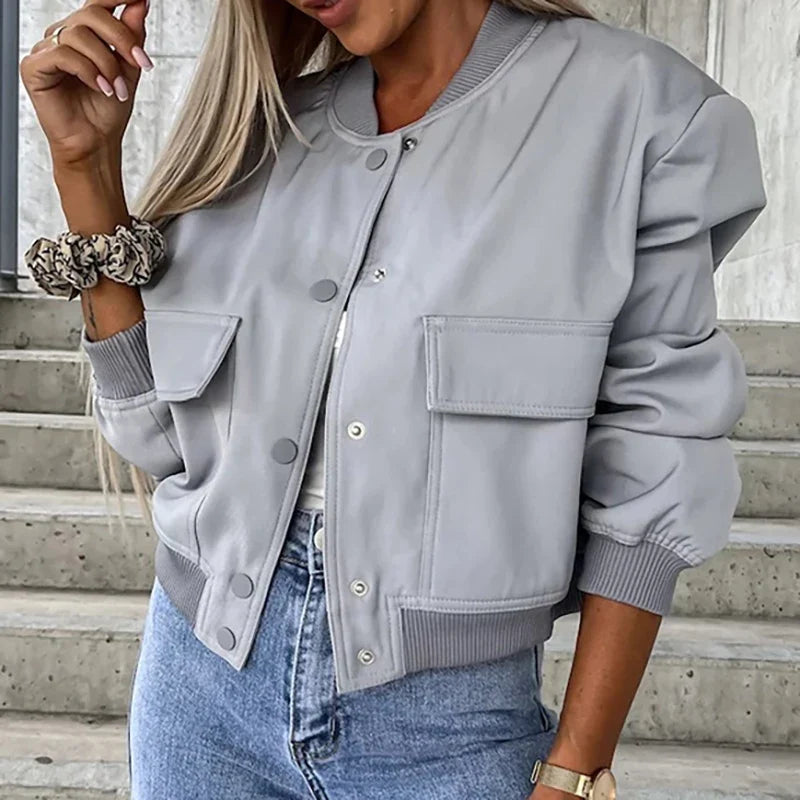 Women’s Relaxed Fit Bomber Jacket – Cropped Snap-Front Layer for Autumn and Winter Casual Wear