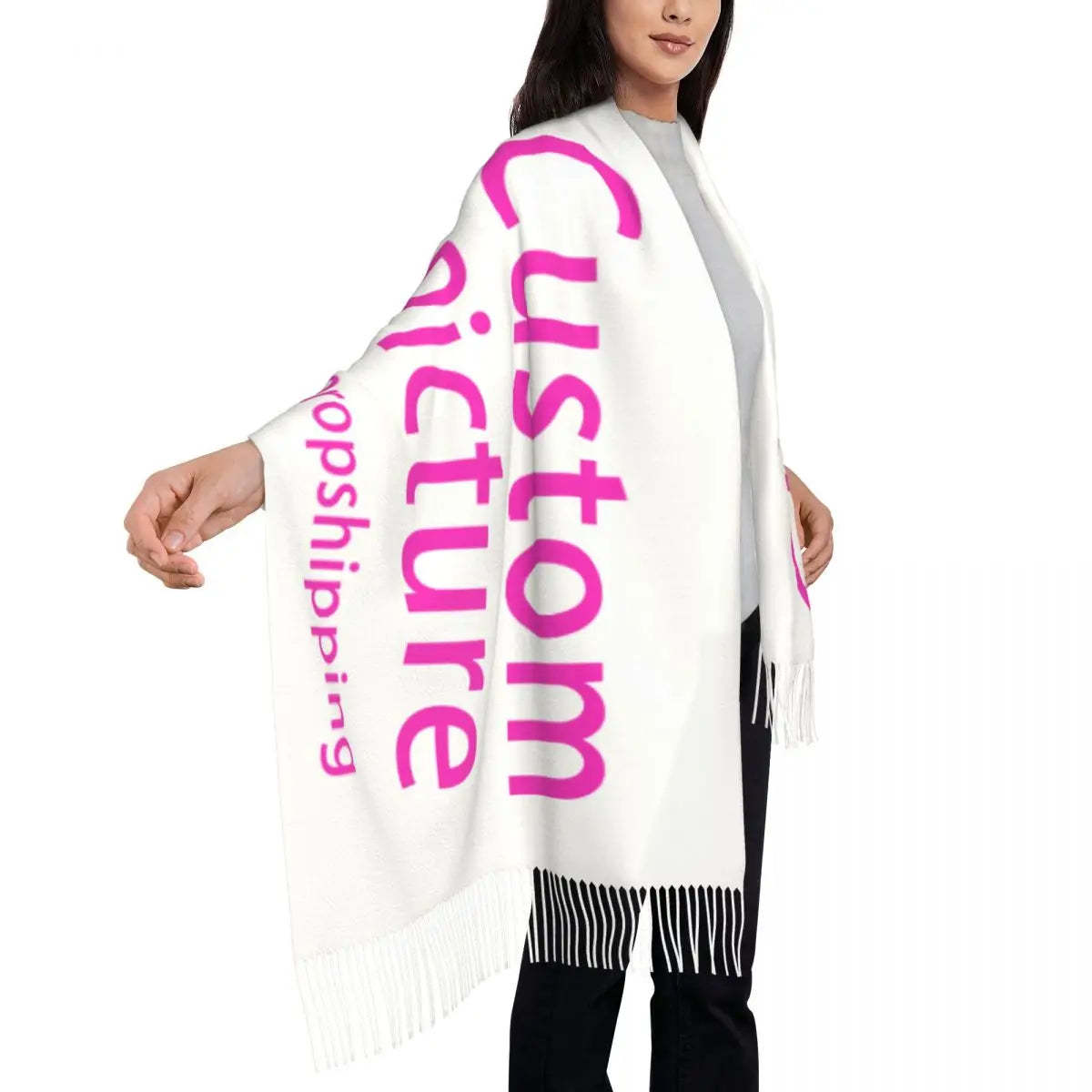 Women’s Personalised Printed Winter Scarf – Soft Fringed Polyester Wrap with Custom Photo or Logo for Autumn and Winter Wear
