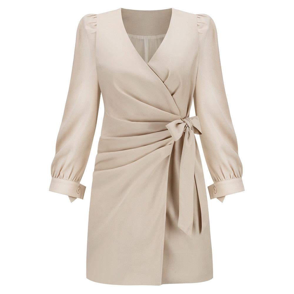 Women’s Wrap Mini Dress Long Sleeve V Neck Waist Tie