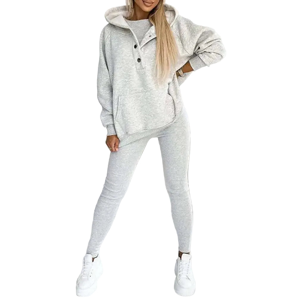 Dámská třídílná souprava pro volný čas - asymetrická mikina s kapucí, tílkem a úzkými kalhotami pro ležérní streetwear