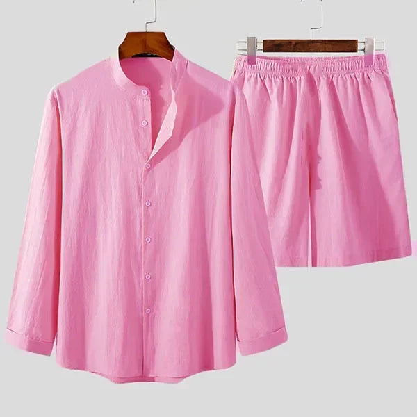 Conjunto de verano para hombre de lino y algodón Camisa y pantalones cortos transpirables Ajuste relajado Atuendo para vacaciones
