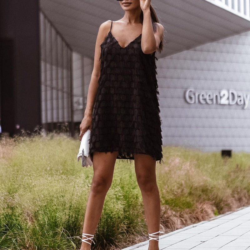 Vestido Mini de Flecos para Mujer con Textura, Escote en V y Sin Mangas