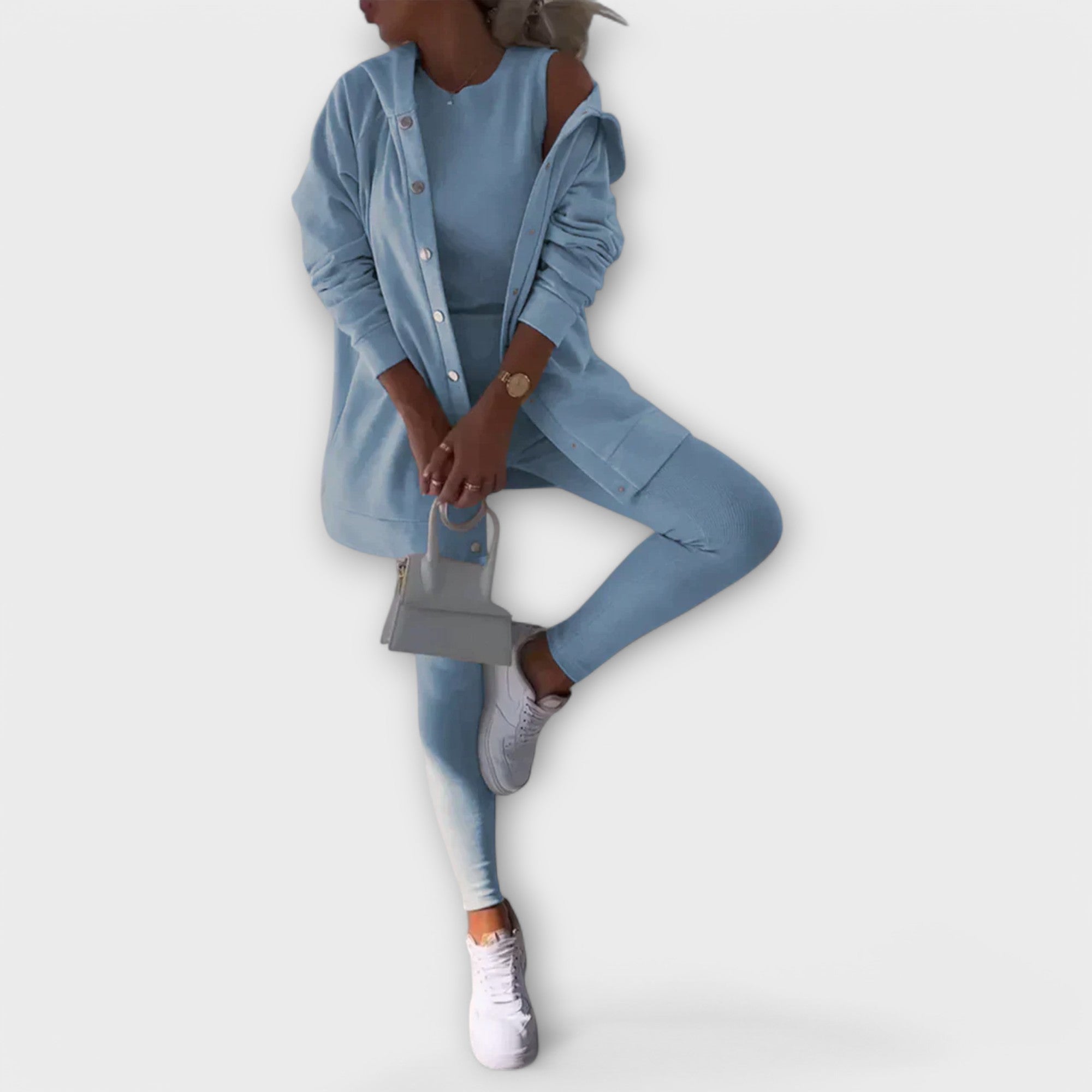 Women’s Three-Piece Cardigan Set – Longline Layer with Top and Leggings for Spring and Autumn