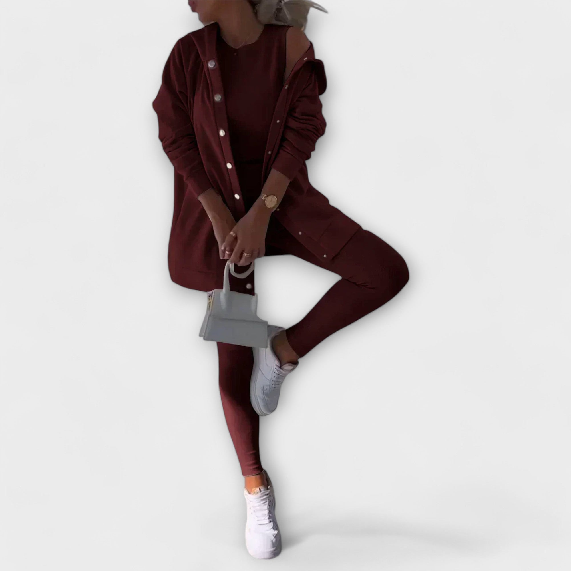Women’s Three-Piece Cardigan Set – Longline Layer with Top and Leggings for Spring and Autumn