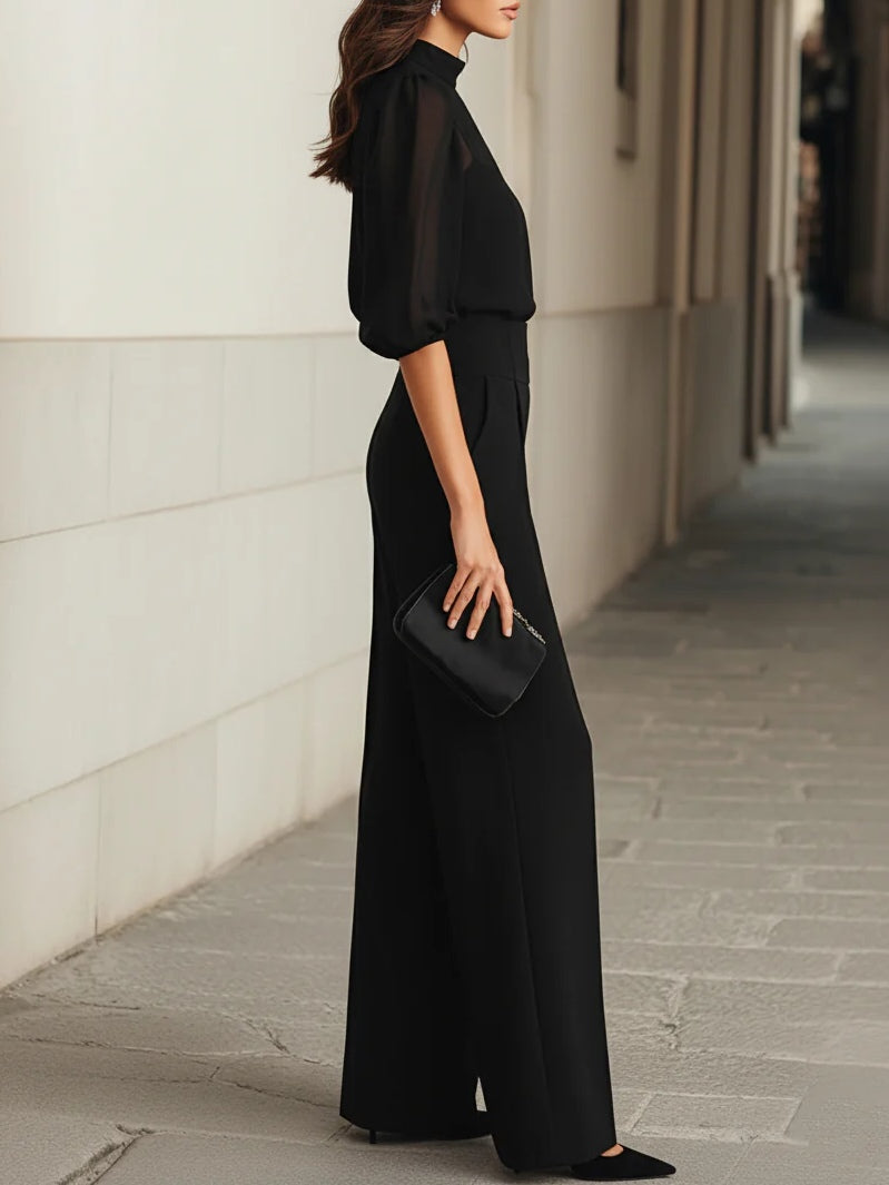 Ensemble pantalon trois pièces pour femme, avec haut à manches bouffantes transparentes, idéal pour les soirées