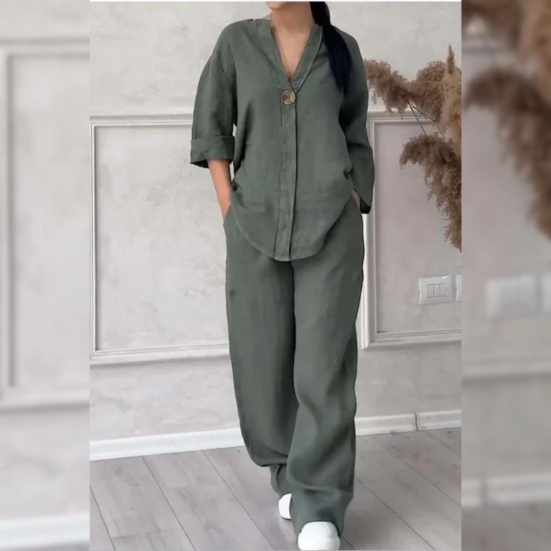 Dámský ležérní dvoudílný kalhotový kostým – sako na jeden knoflík a kalhoty se širokými nohavicemi na jaro a léto