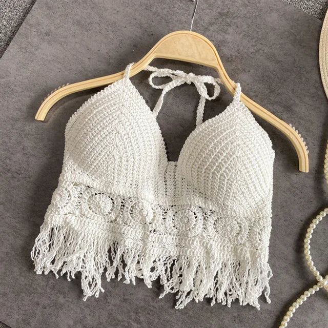 Haut court au crochet pour femme, à dos nu, avec col en V et ourlet à franges - Style bohème estival pour les vacances et les festivals