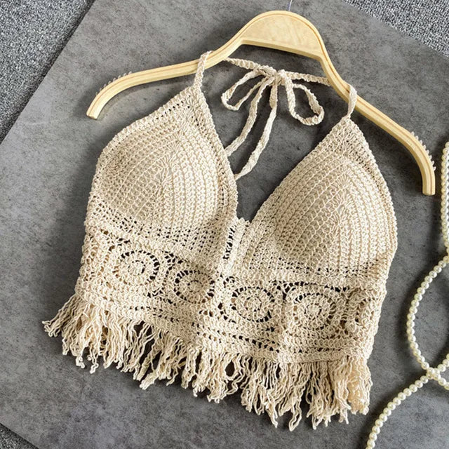 Haut court au crochet pour femme, à dos nu, avec col en V et ourlet à franges - Style bohème estival pour les vacances et les festivals