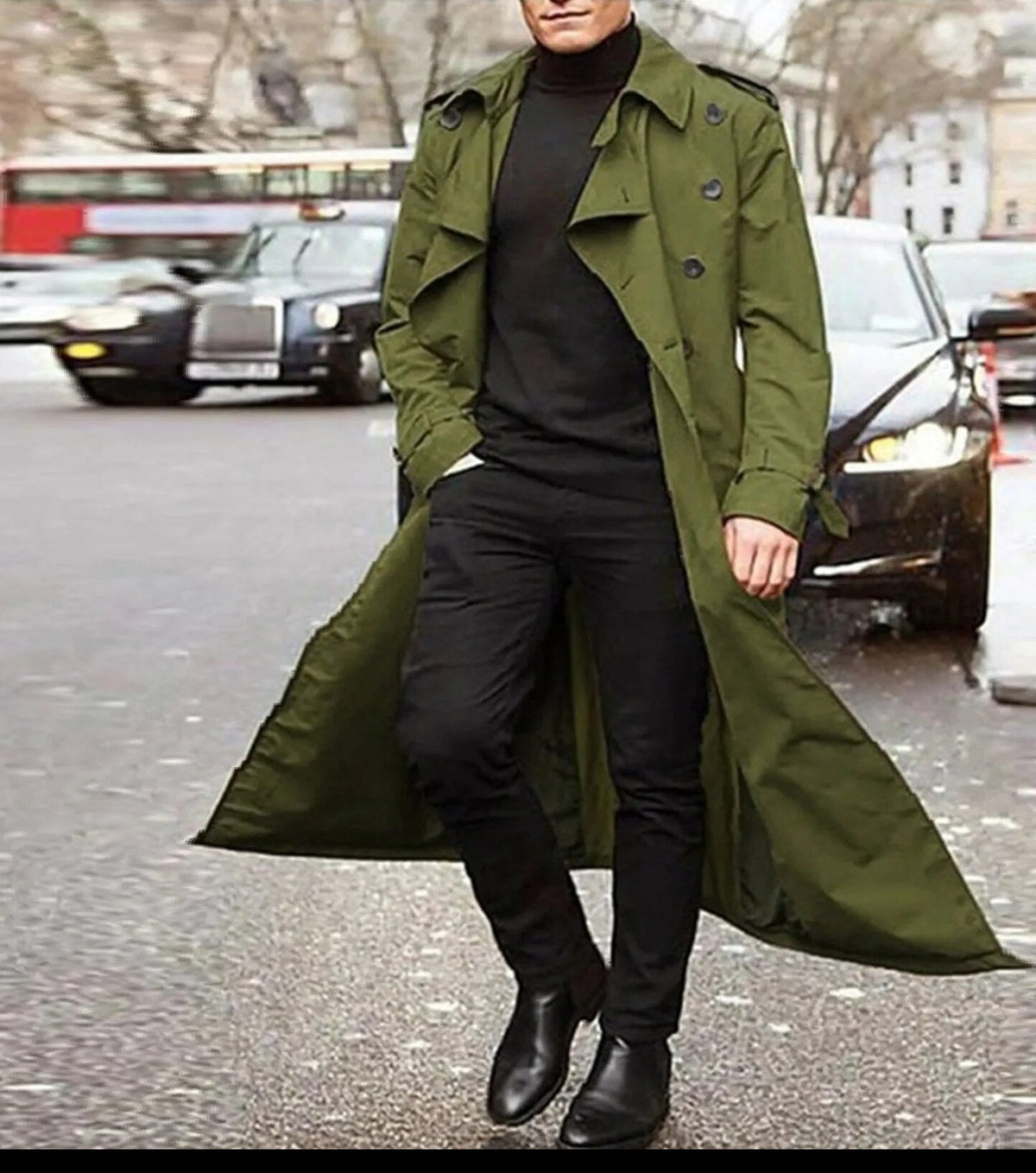 Trench-coat long à double boutonnage pour homme – Superposition ajustée spectaculaire avec pattes d’épaule et sangles aux poignets