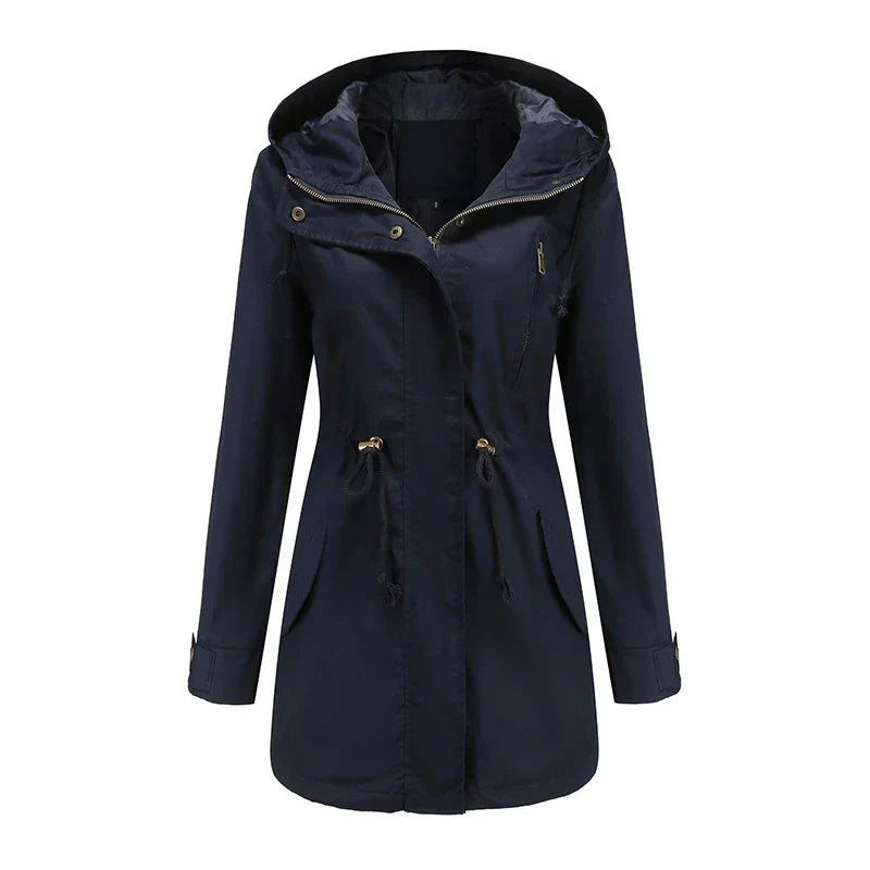 Chaqueta parka ligera con capucha para mujer, cintura ajustable con cordón y cuello alto – Prenda de abrigo utilitaria de manga larga y corte holgado, con bolsillos delanteros, para el día a día informal en primavera y otoño