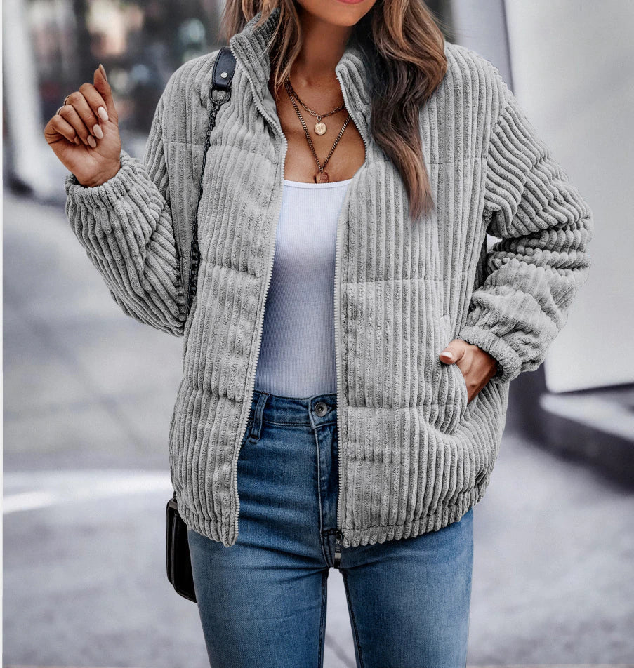 Veste en velours côtelé côtelé pour femme – couche décontractée zippée pour un style hivernal casual
