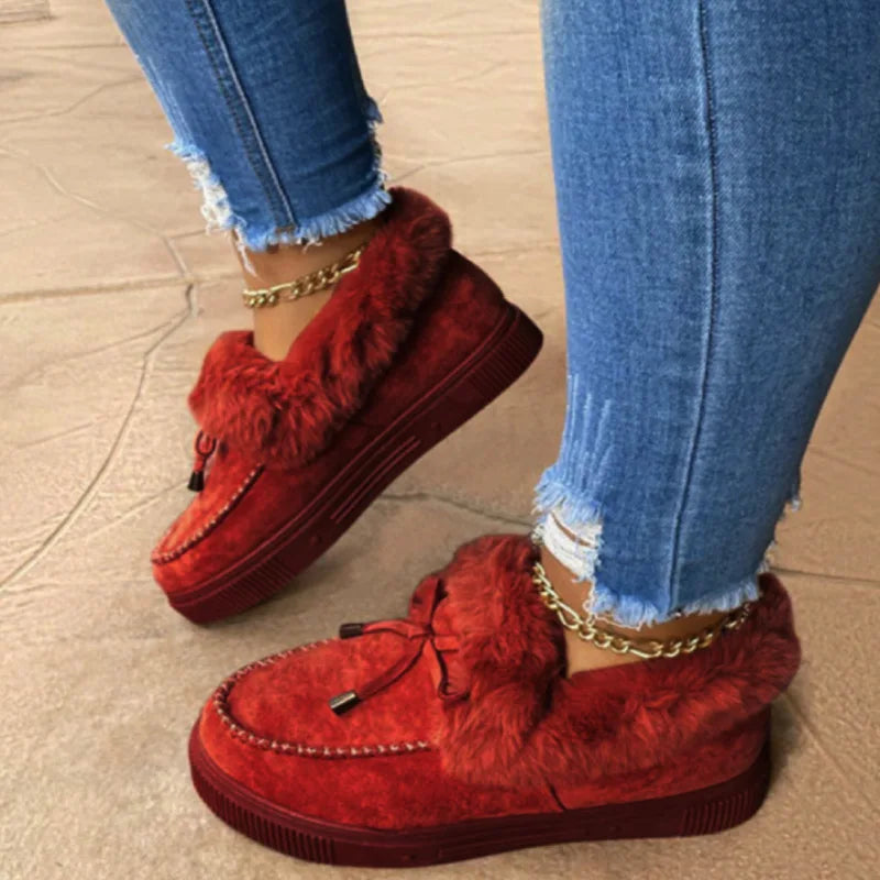 Vintermokkasiner til kvinder med plysfor - slip-on-platformloafers med imiteret pelskant