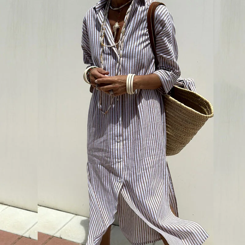 Vestido Camisa para Mujer Verano Ligero Transpirable Algodón Corte Holgado Estiloso Versátil Midi