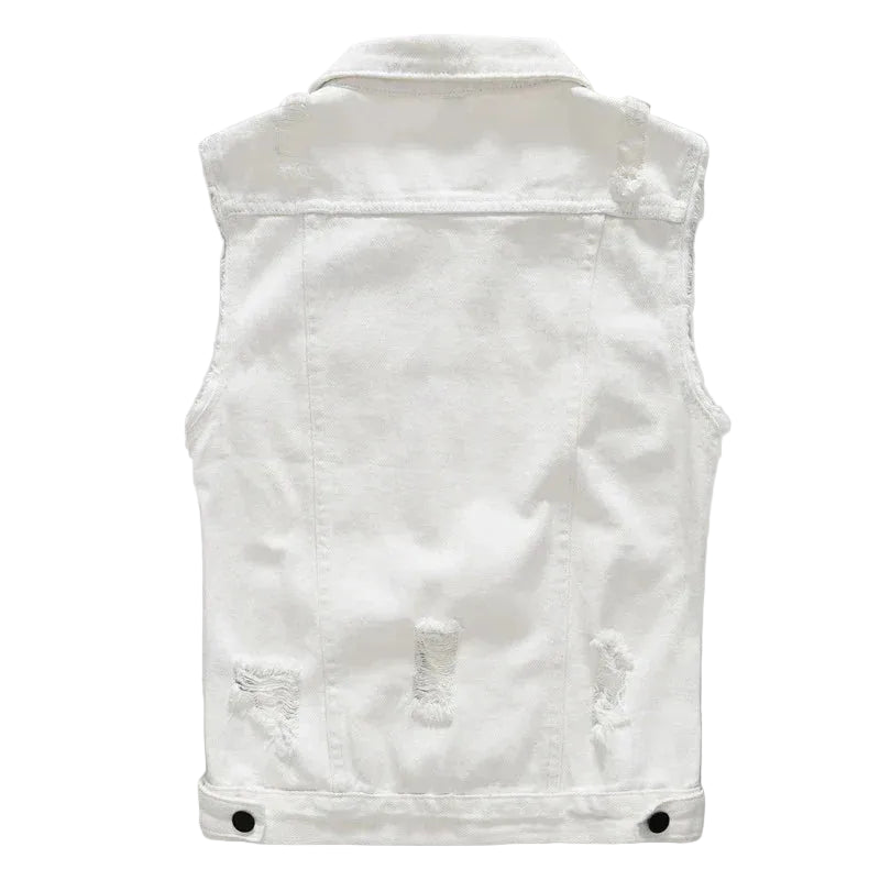 Gilet en jean sans manches pour homme, effet usé – veste trucker boutonnée à superposer, avec emmanchures effilochées et poches poitrine