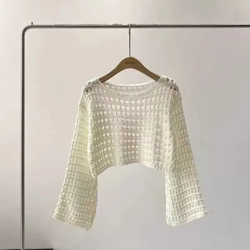 Top corto de punto de crochet para mujer, con mangas largas y anchas - Capa ligera y holgada para las vacaciones de verano