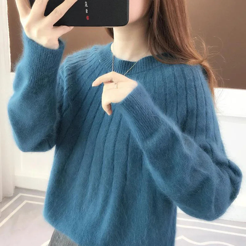 Weicher Damenpullover aus Kaschmir-Rippstrick mit klassischem Rundhalsausschnitt und legerem Oversize-Schnitt – Eleganter, flauschiger Langarm-Pullover für bequeme, schicke Freizeitkleidung im Alltag von Herbst und Winter