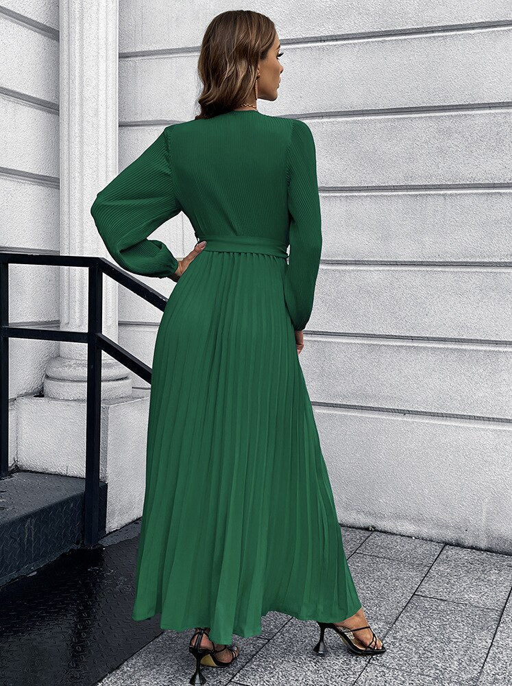 Women’s Maxi Dress Pleated Wrap Waist Tie Long Sleeve