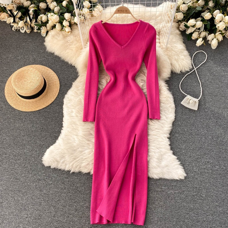 Women’s Ribbed Knit Bodycon Maxi Dress – Long Sleeve V-Neck Style for Autumn and Winter
