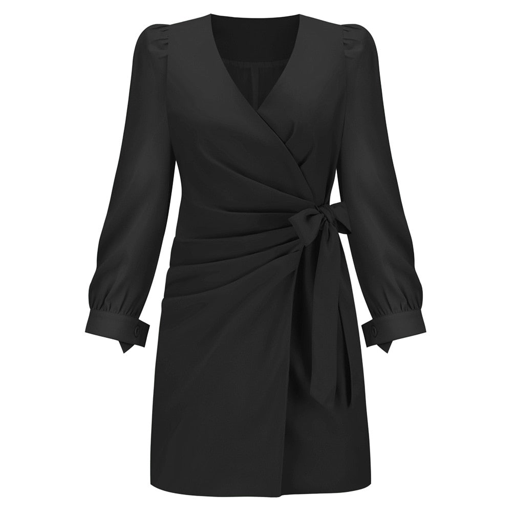 Women’s Wrap Mini Dress Long Sleeve V Neck Waist Tie