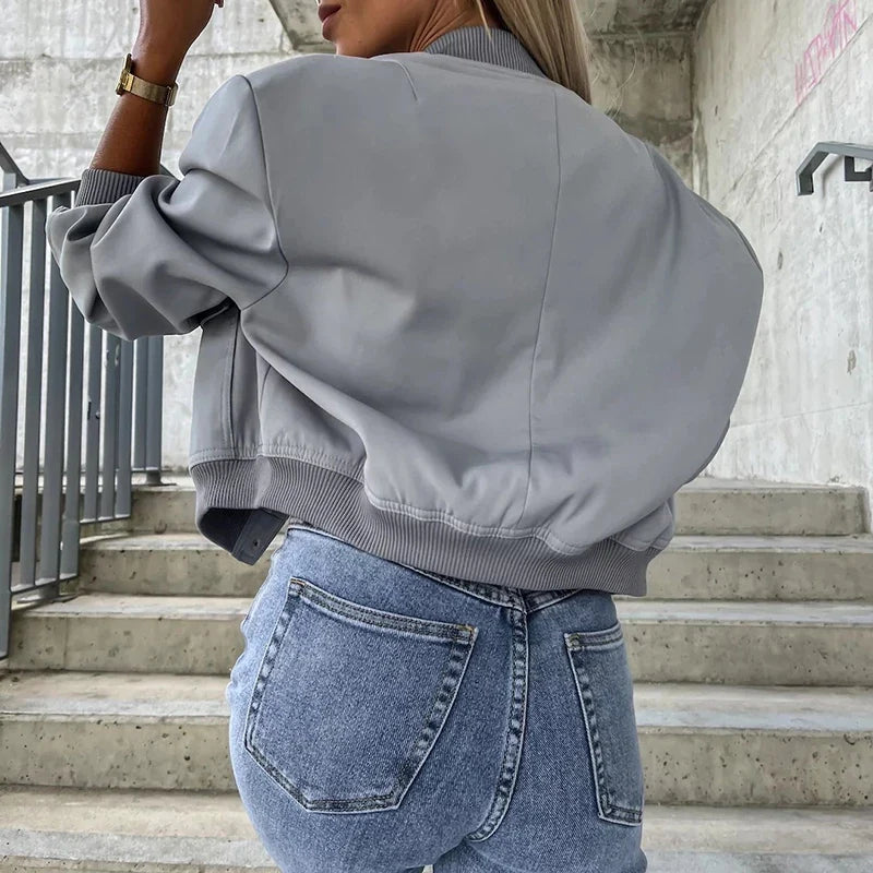Women’s Relaxed Fit Bomber Jacket – Cropped Snap-Front Layer for Autumn and Winter Casual Wear