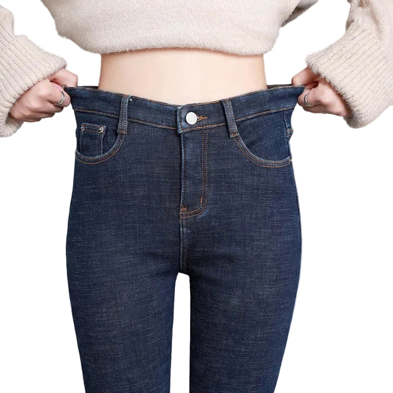 Pantalones vaqueros cálidos para mujer, forrados de forro polar, con cintura alta y corte elástico - Pantalones largos de invierno, gruesos y aislantes, con interior suave y afelpado, para disfrutar de una comodidad informal diaria en climas fríos