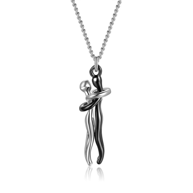Women’s Embrace Pendant Necklace – Two-Tone Polished Metal Chain with Hugging Figure Charm for Everyday Wear and Meaningful Gifting
