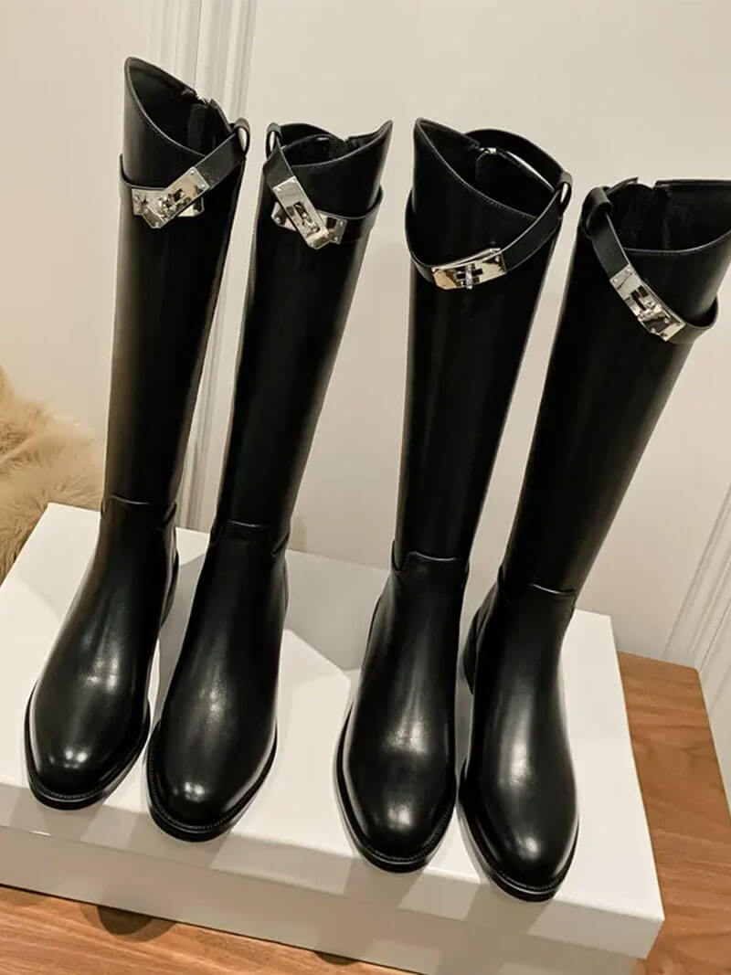 Aveline Women’s Leather Riding Boots with Metal Detail Elegant Tall