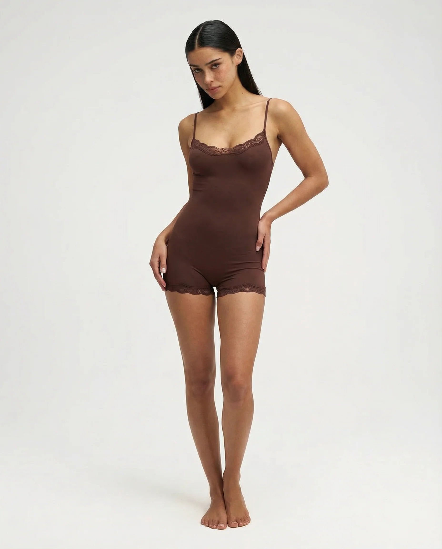 Mono pijama de encaje para mujer, suave y elástico, tipo camisola