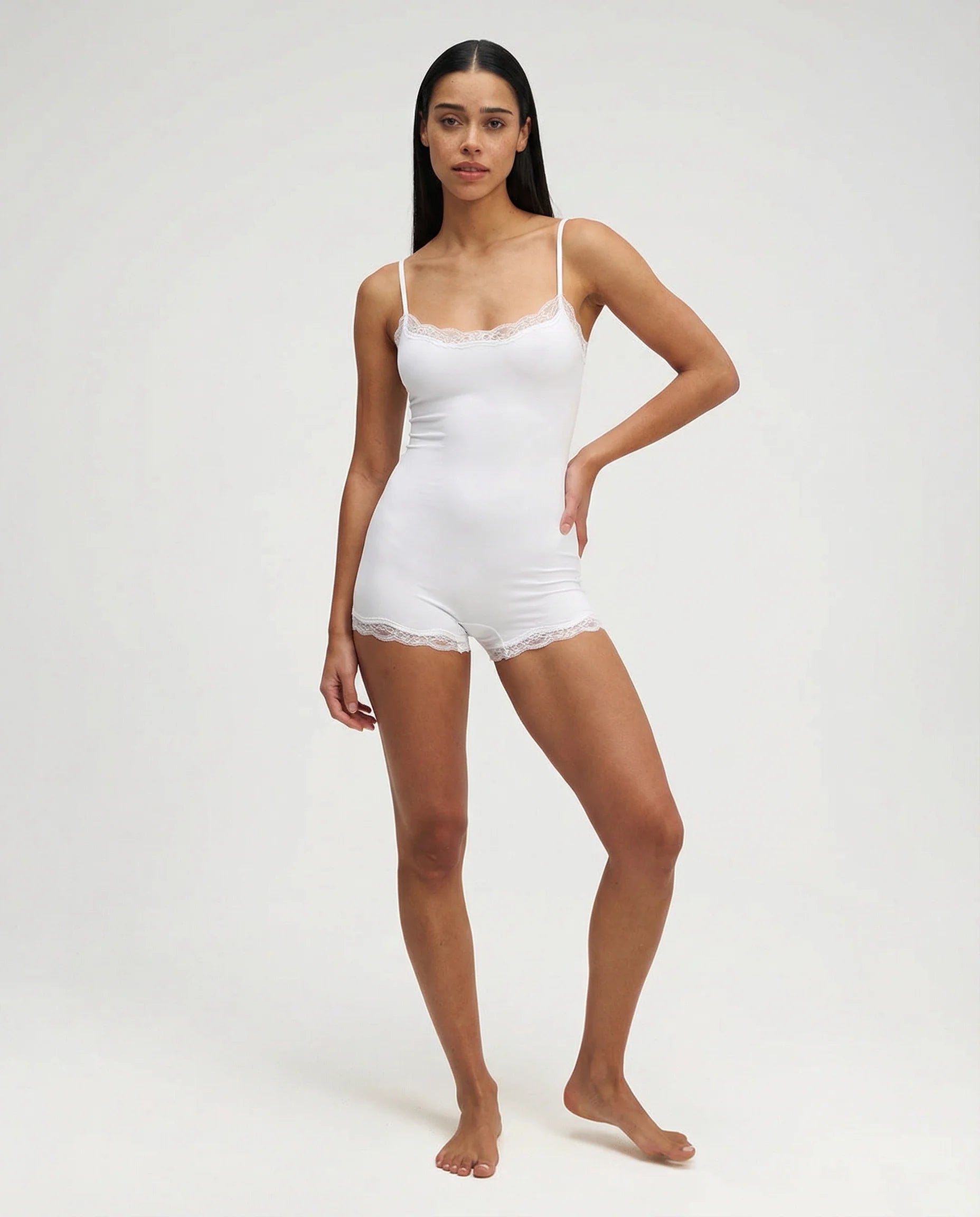 Mono pijama de encaje para mujer, suave y elástico, tipo camisola
