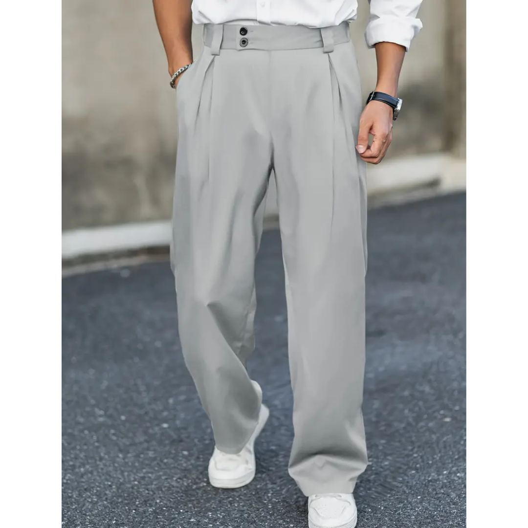 Pantalones plisados de pierna ancha para hombre - Pantalones de corte relajado y sastrero con cintura de doble botón y bolsillos laterales