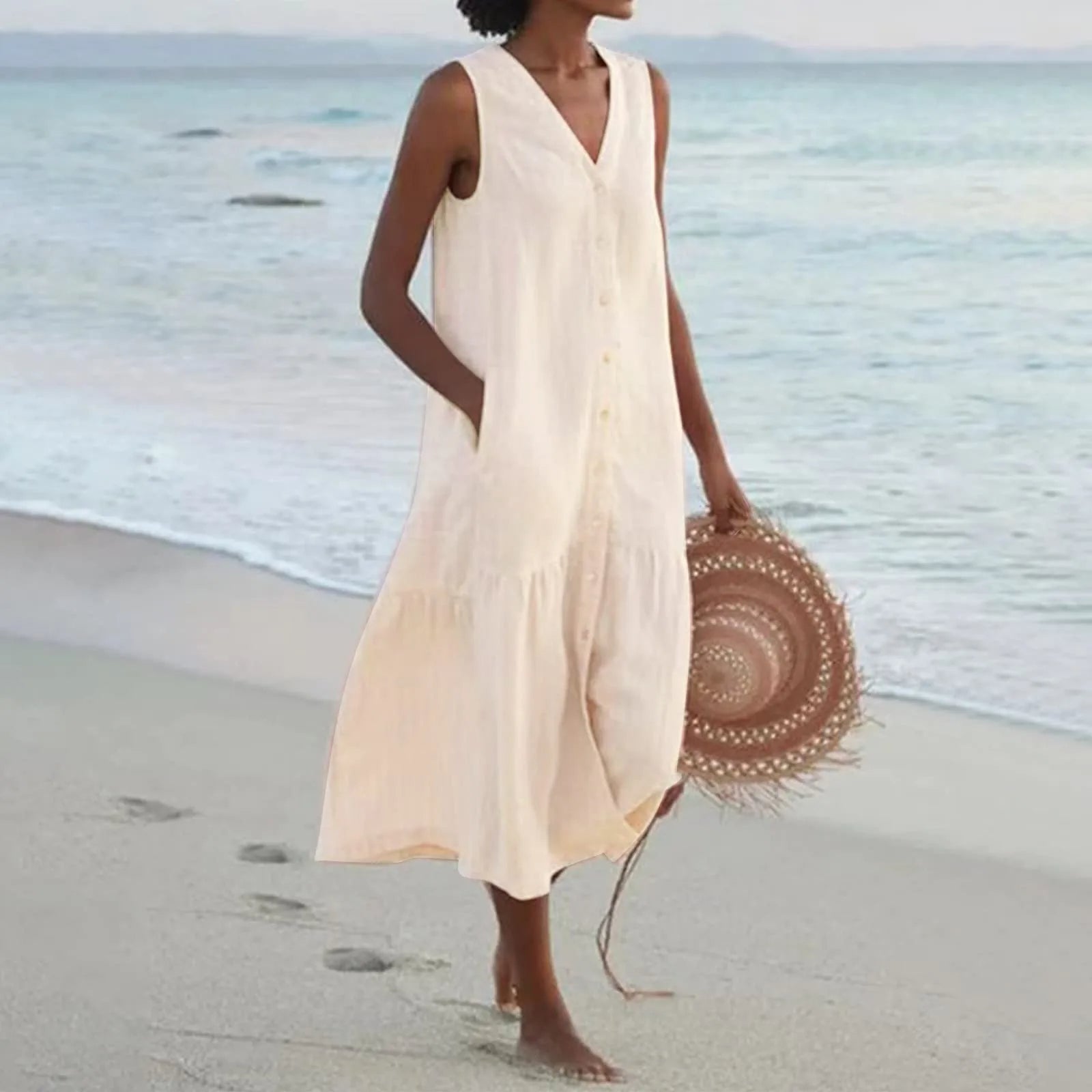 Vestido midi de verano sin mangas para mujer con escote en V y botones