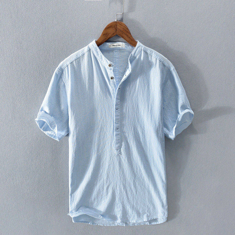 Men’s Linen Shirt Stand Collar Short Sleeve Top
