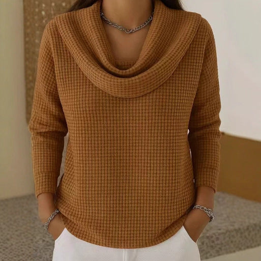 Women’s Textured Waffle-Knit Cowl Neck Sweater – Fitted Soft Jumper for Elegant Autumn Office and Casual Wear